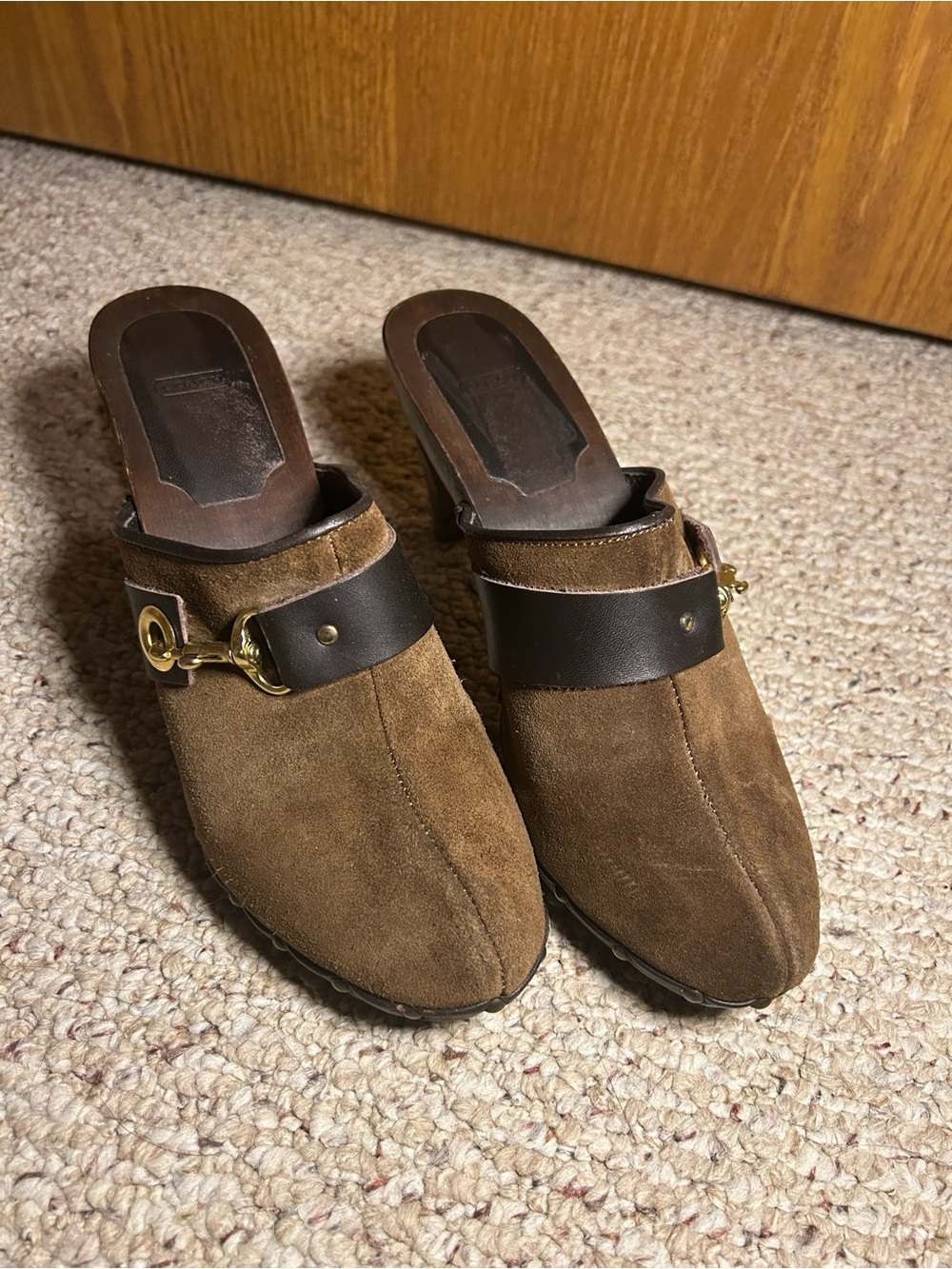 Coach Brown Suede Slip-On Mules with Dark Brown Leather Strap and Gold Bit